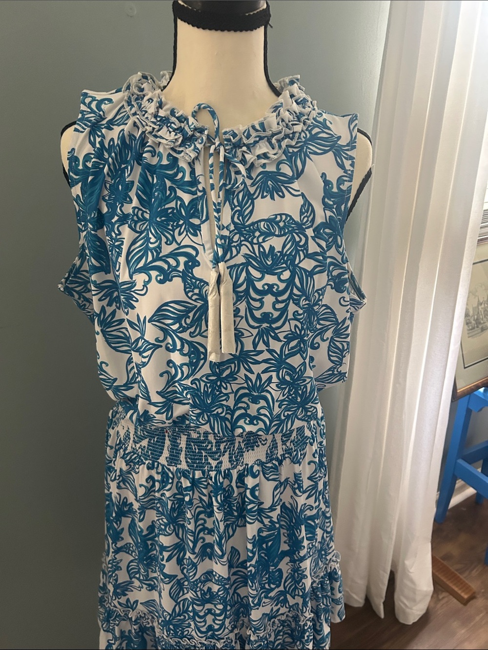 Cabana Life White Midi Dress with Blue Floral Print and Ruffle Neck